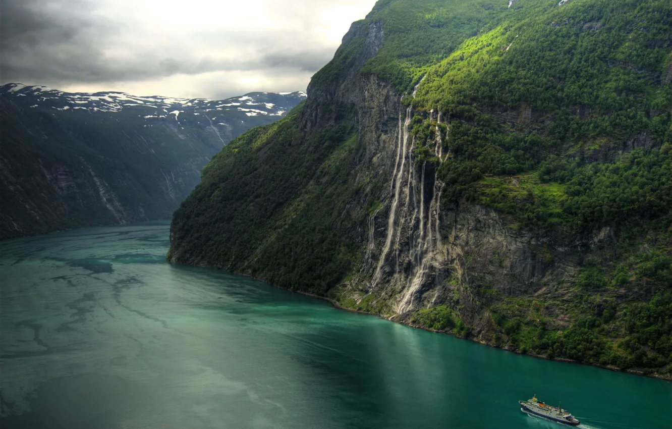 Photo wallpaper mountains, nature, ship, waterfall, Norway, beautiful, the fjord, Geirangerfjord