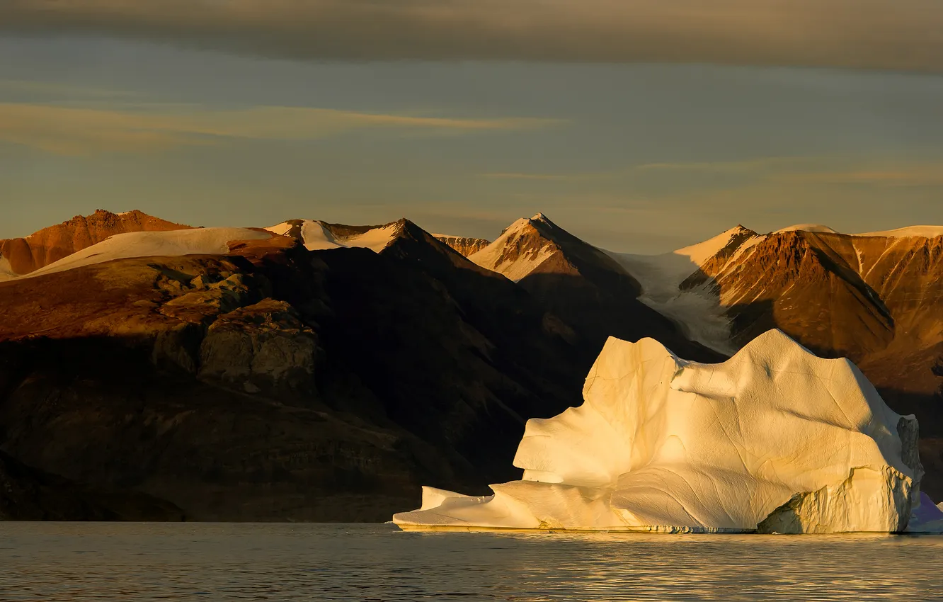 Photo wallpaper winter, light, mountains, rocks, shore, iceberg, pond