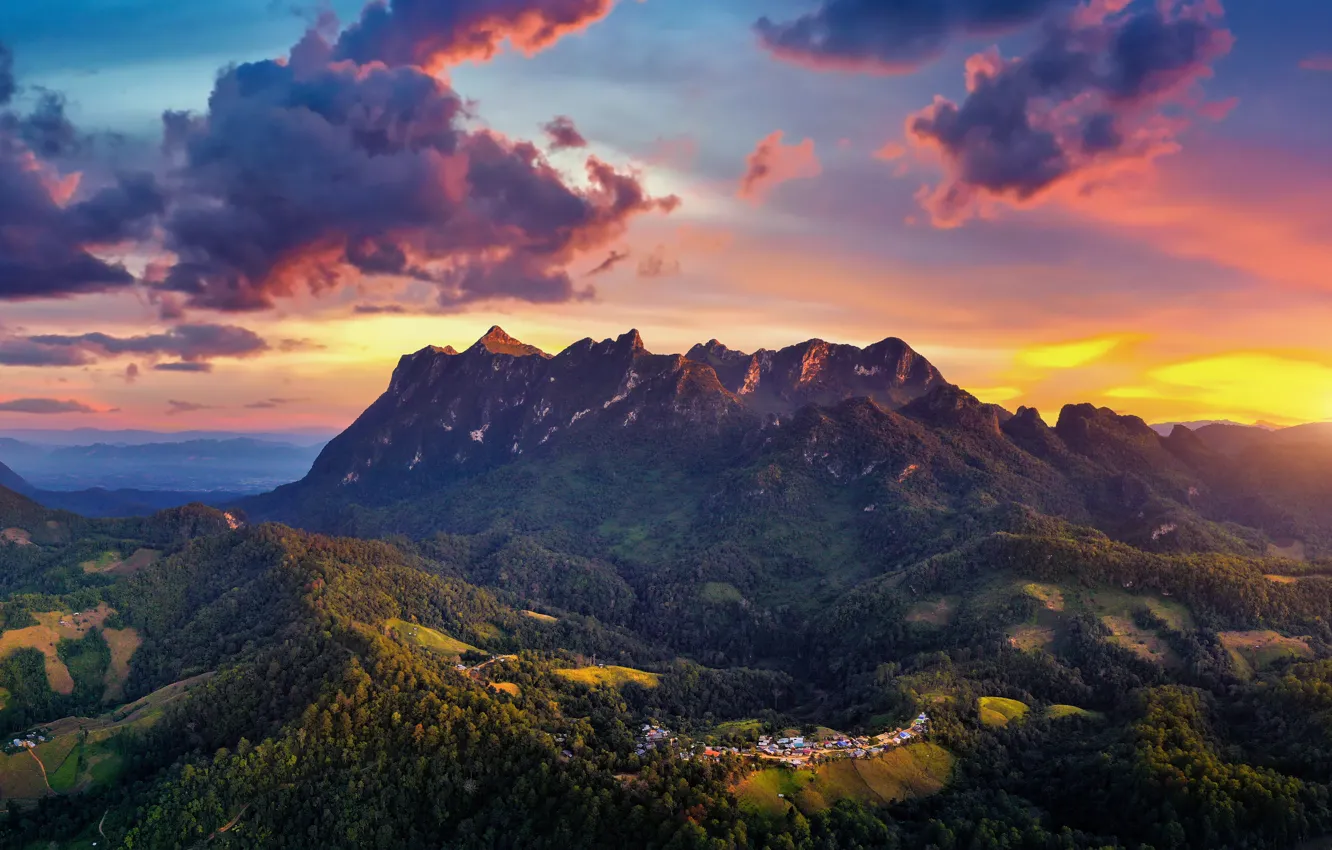 Photo wallpaper sunset, mountains, height, panorama, settlement