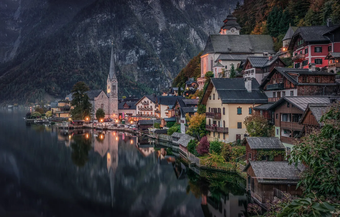Photo wallpaper mountains, lake, reflection, building, home, Austria, Alps, Austria
