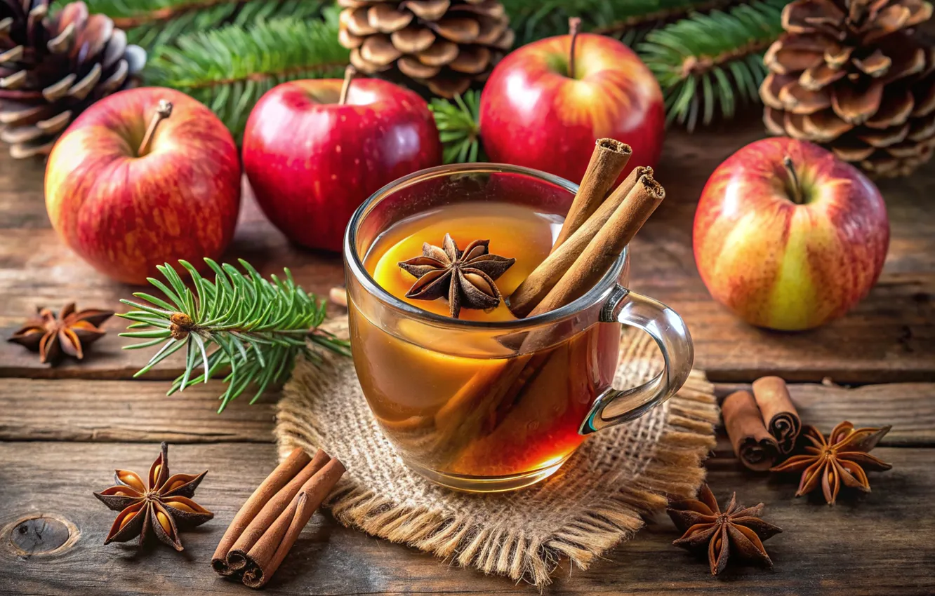 Photo wallpaper glass, red, table, tea, apples, Board, new year, Christmas