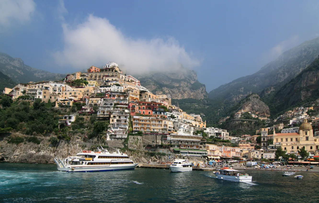 Photo wallpaper the sky, clouds, mountains, the city, photo, coast, yacht, Italy