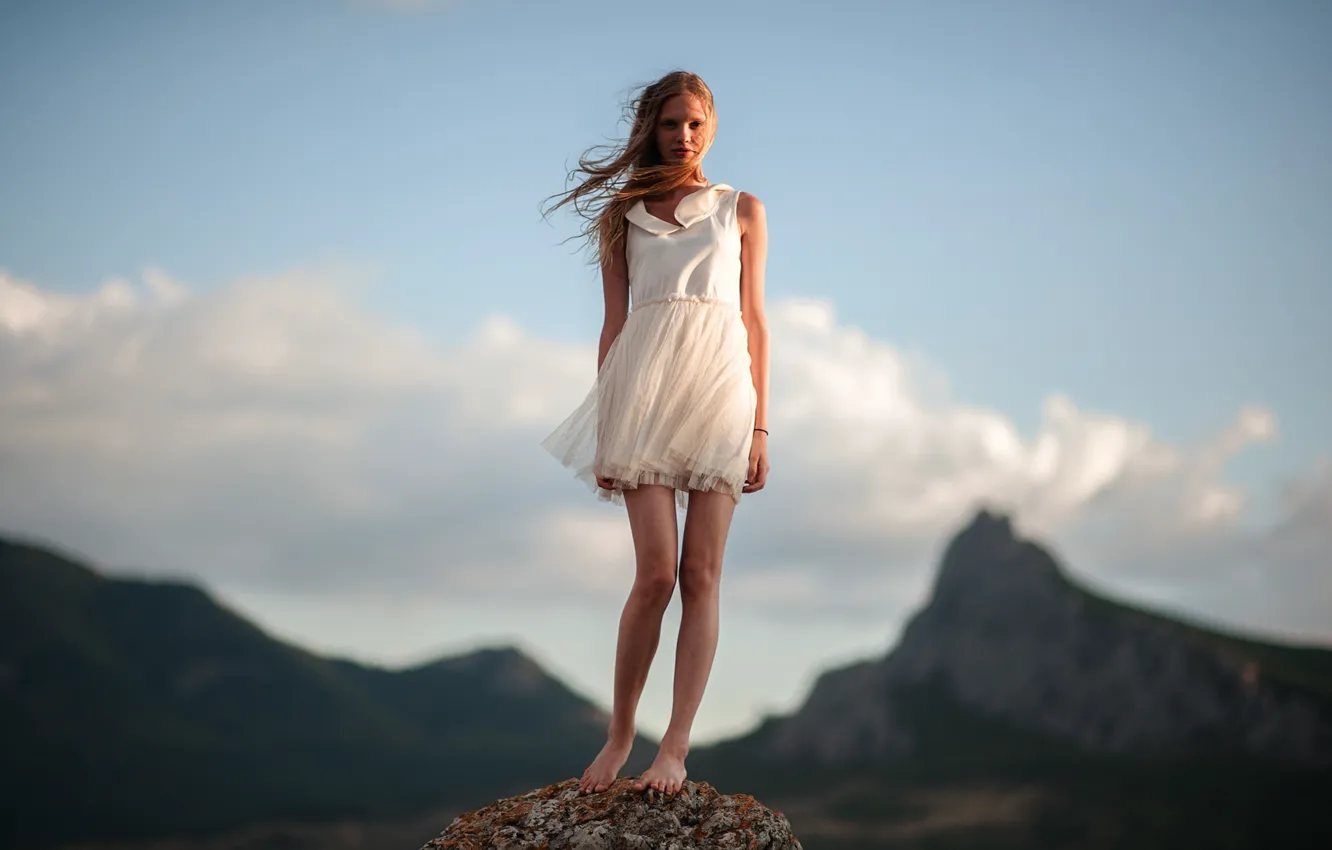 Photo wallpaper Girl, The wind, Hair, Dress, White, Legs, Beautiful, Koktebel