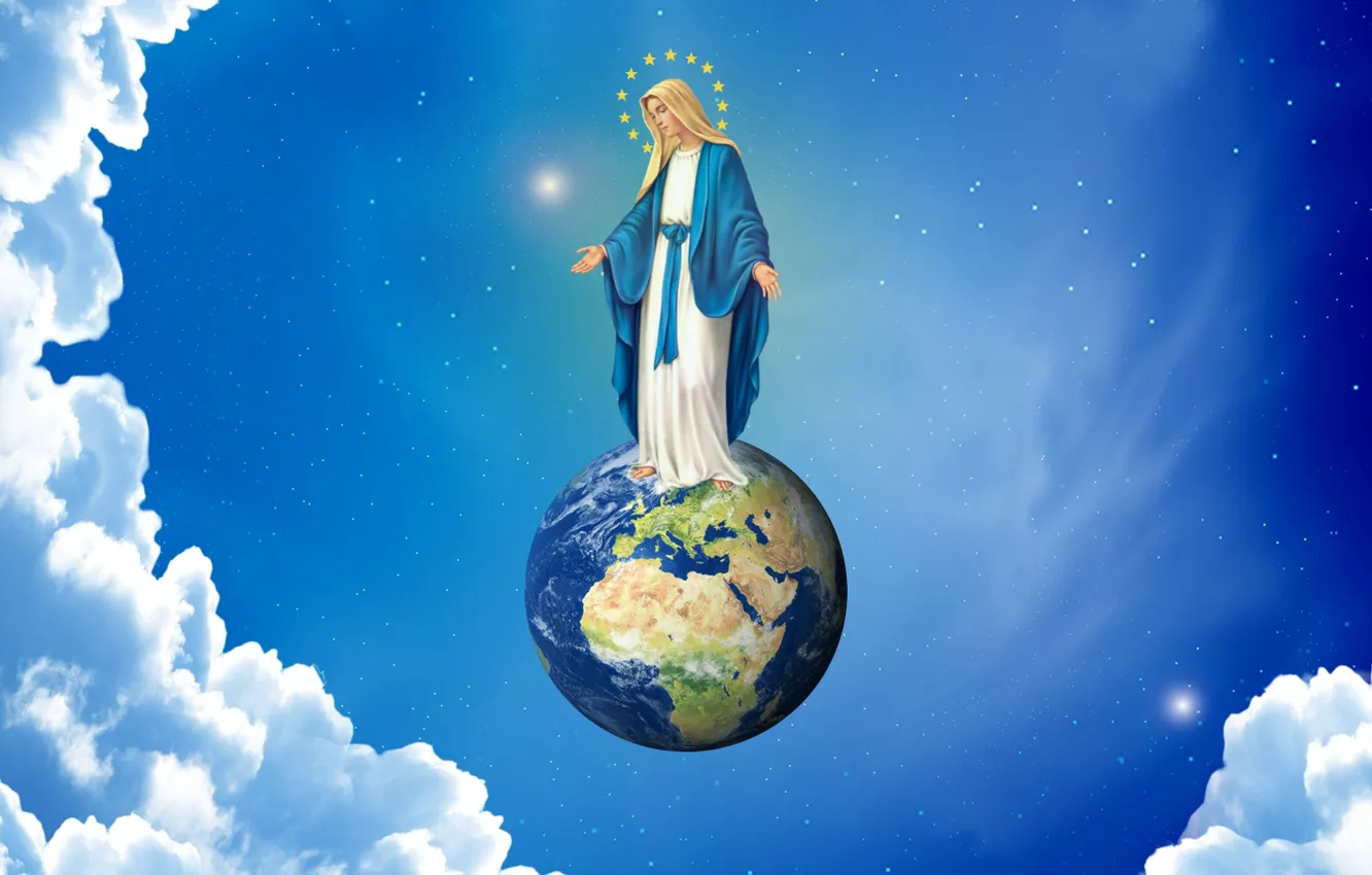 Photo wallpaper earth, star, sky, clouds, Madonna, Mary, beatiful, Virgin Mary