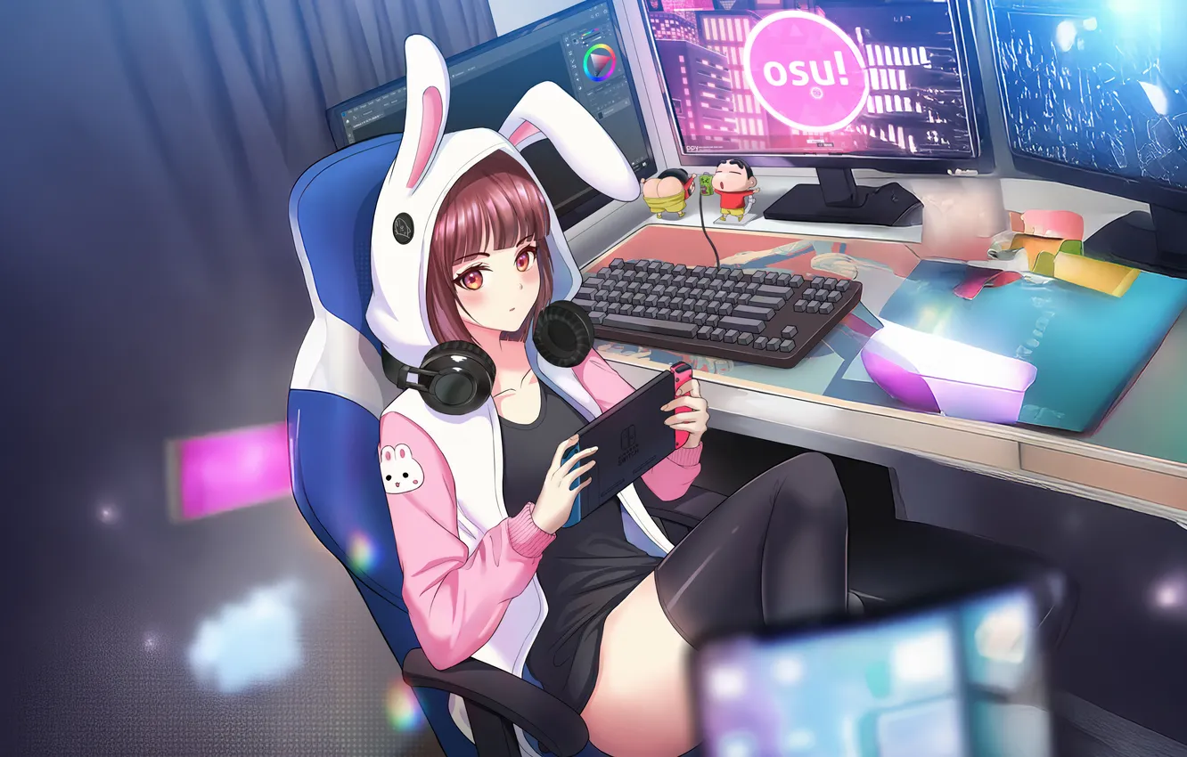 Photo wallpaper gamer, bunny ears, otaku, high scores