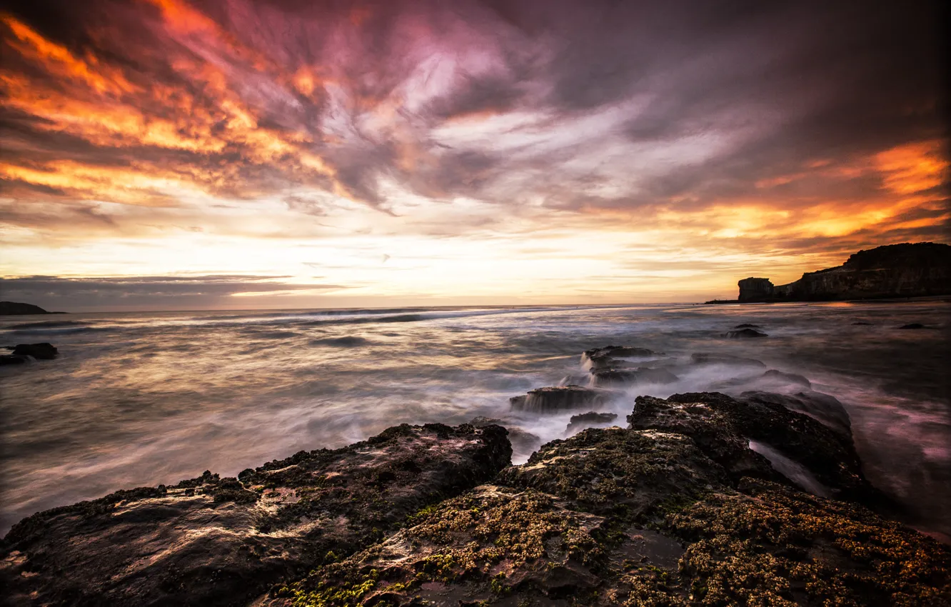 Photo wallpaper wave, beach, sunset, rocks, coast