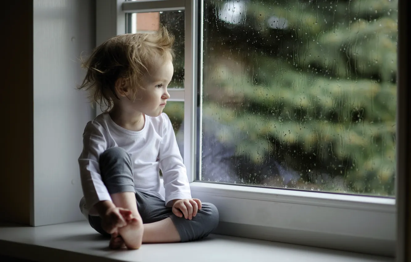 Photo wallpaper glass, drops, rain, child, window, girl, sill