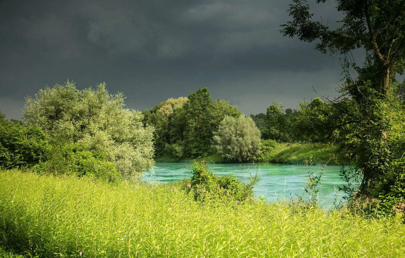 Photo wallpaper grass, trees, nature, river, Germany, Bayern