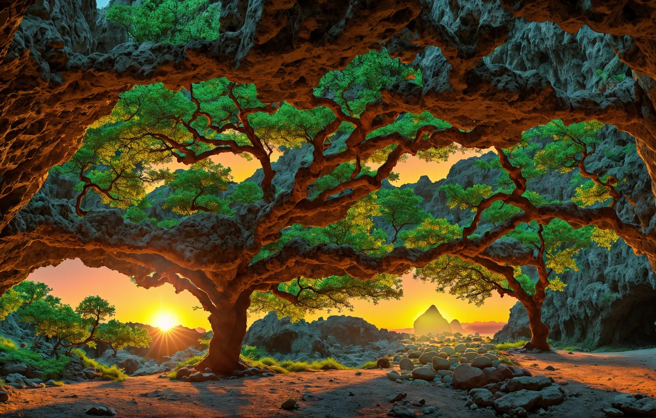 Photo wallpaper wallpaper, fantasy, trees, sunset, picture, cave