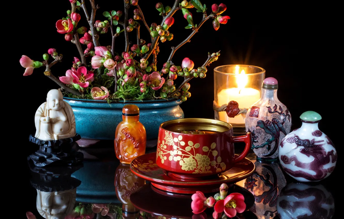 Photo wallpaper flowers, dishes, figurine, porcelain