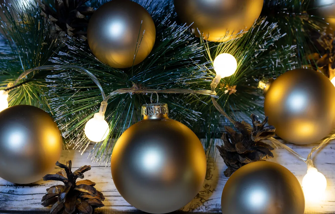 Photo wallpaper balls, decoration, lights, tree, garland, bumps