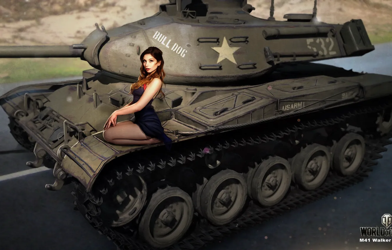 Photo wallpaper road, girl, figure, art, tank, bulldog, American, World of Tanks
