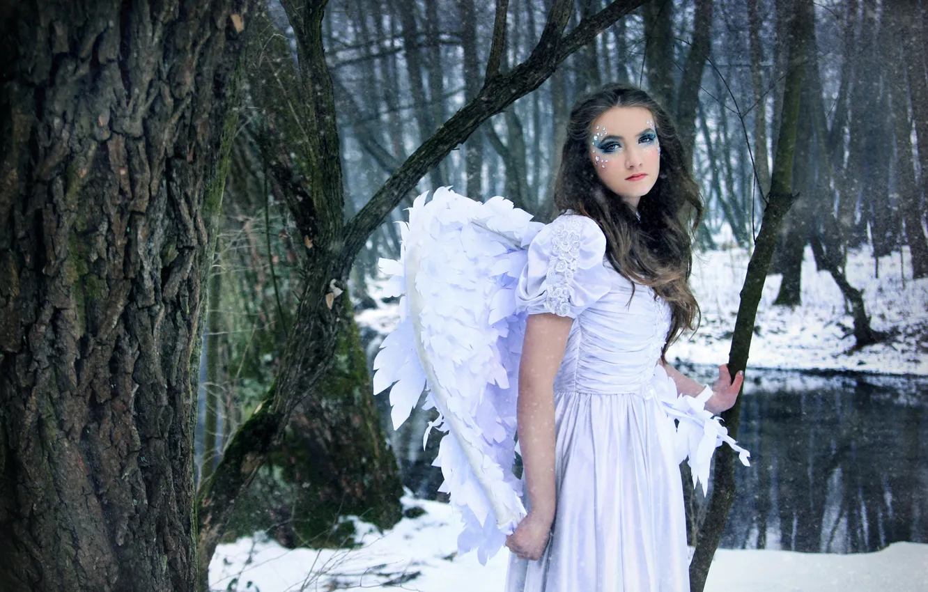 Photo wallpaper forest, girl, snow, river, wings, brown hair