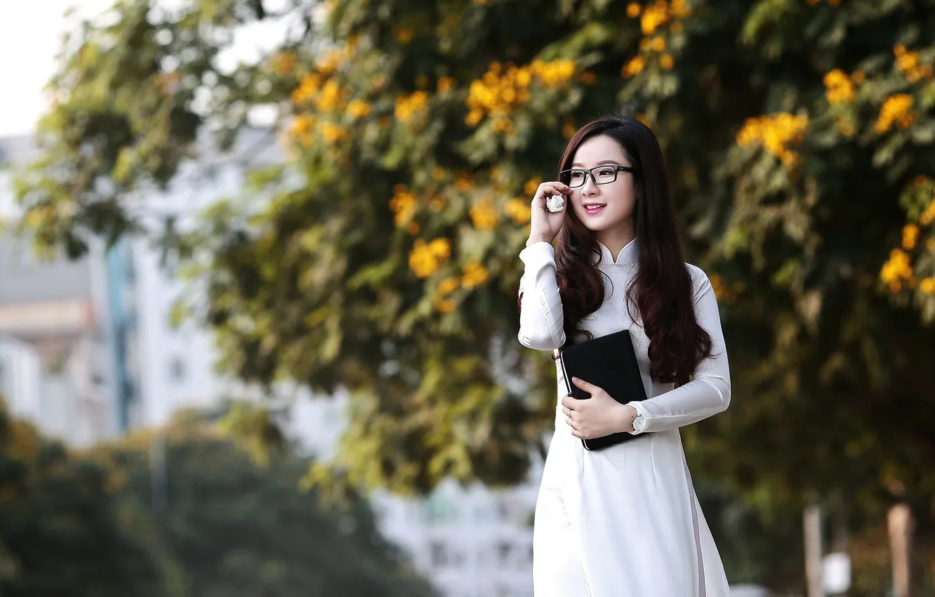 Photo wallpaper girl, background, street