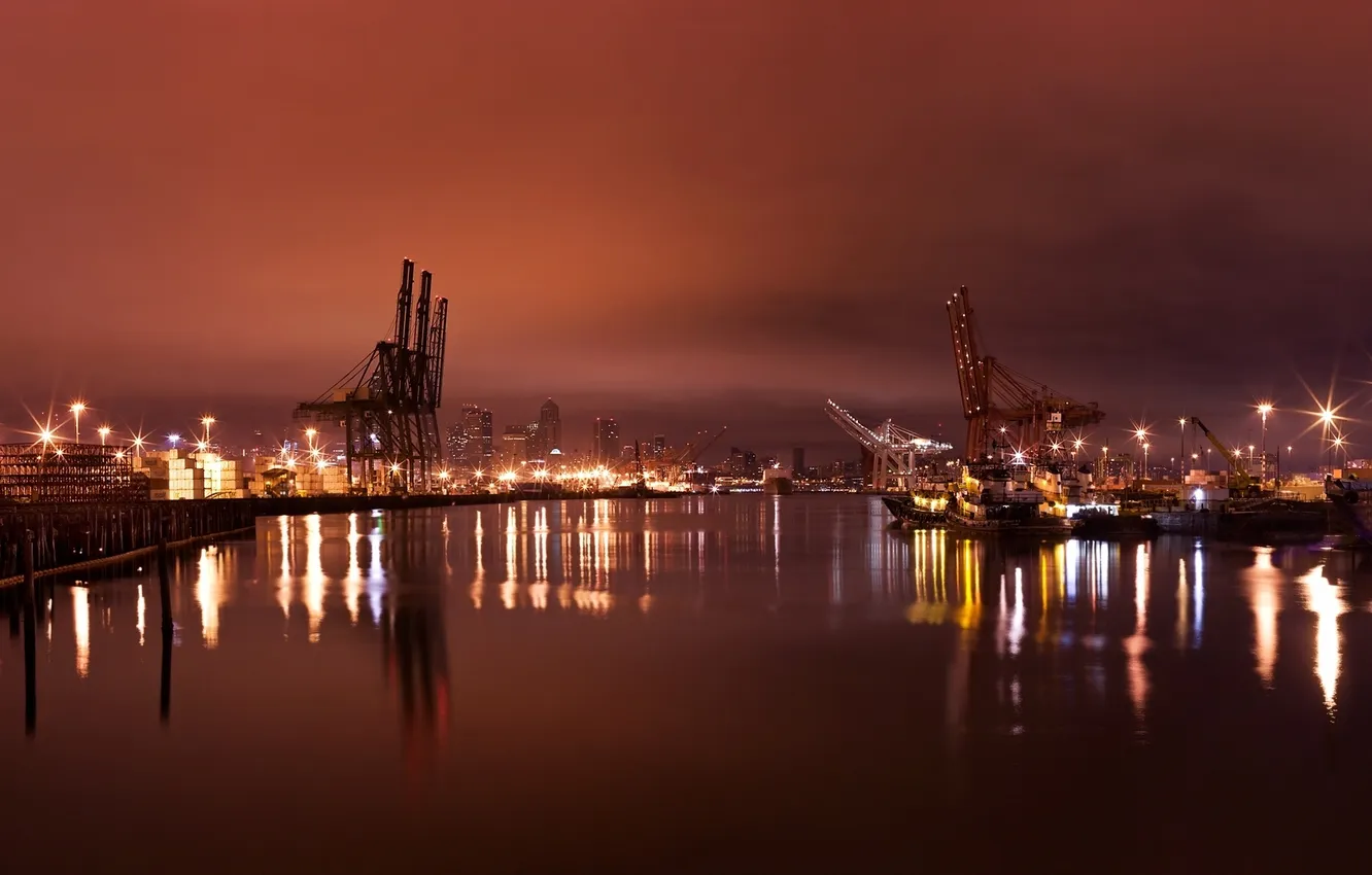 Photo wallpaper light, the city, lights, reflection, port, cranes