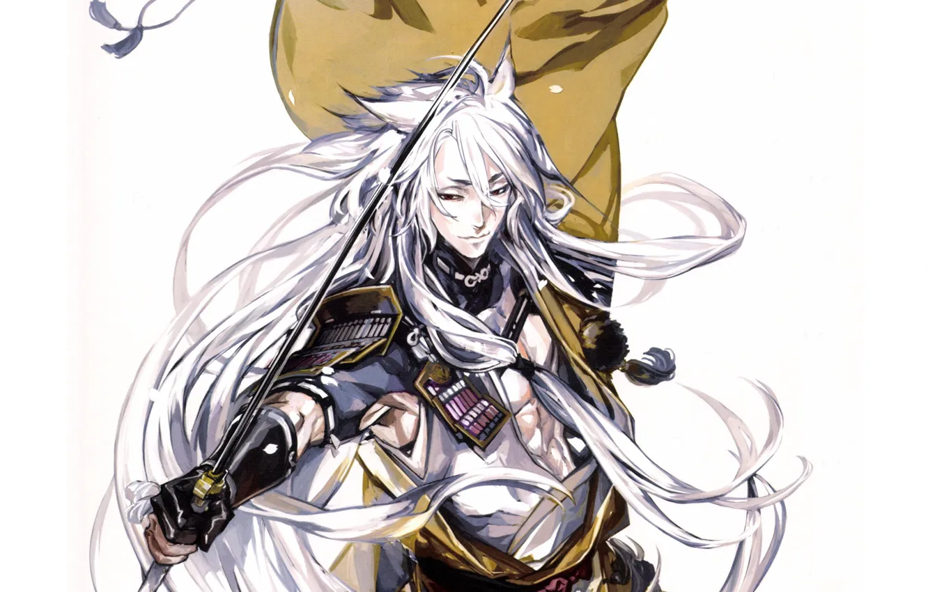 Photo wallpaper katana, armor, white background, cloak, Touken Ranbu, Kogitsunemaru, long white hair, Dance Of Swords