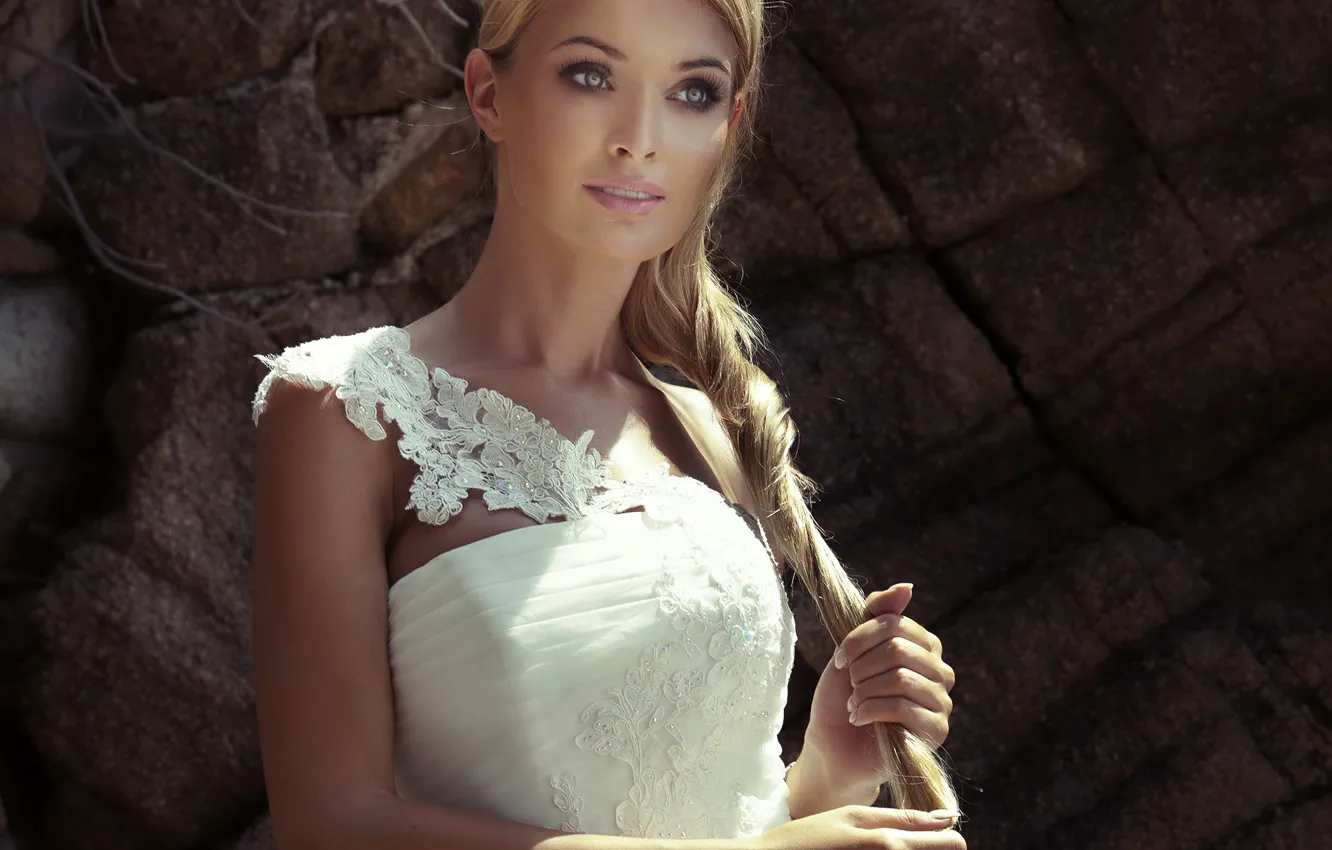 Photo wallpaper girl, portrait, makeup, dress, hairstyle, blonde, beautiful, in white