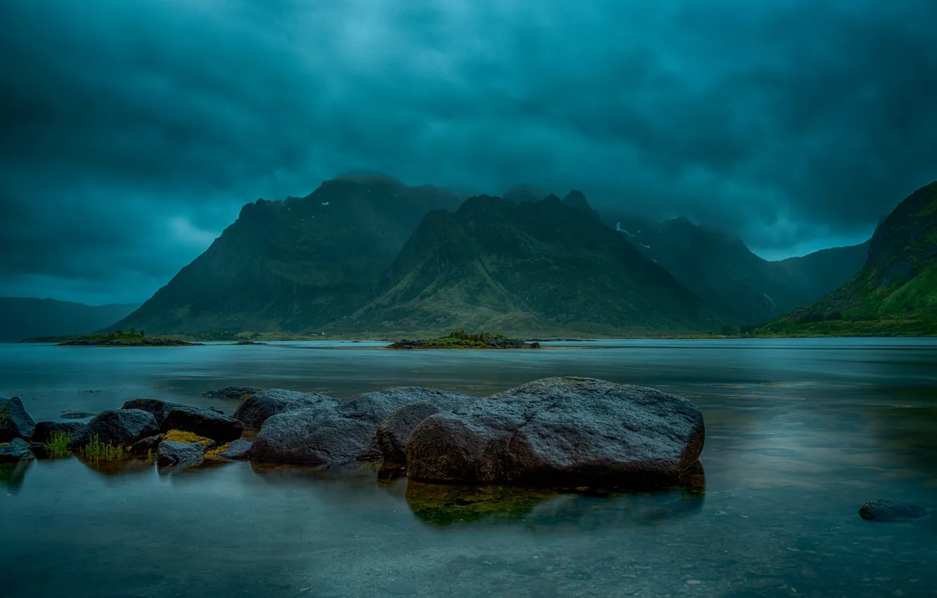 Photo wallpaper the sky, water, clouds, mountains, fog, stones, overcast, rocks