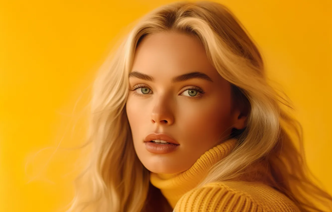 Photo wallpaper look, girl, face, portrait, blonde, collar, yellow background, sweater