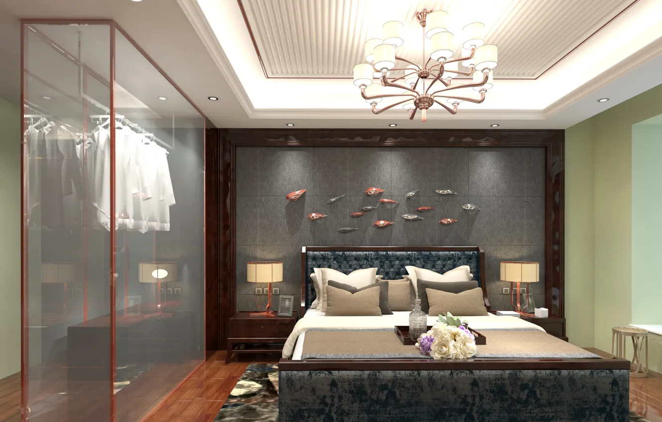 Photo wallpaper design, chandelier, design, bedroom, interior, bedroom