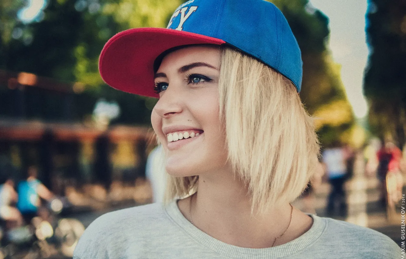 Photo wallpaper girl, smile, cap, Maxim Guselnikov