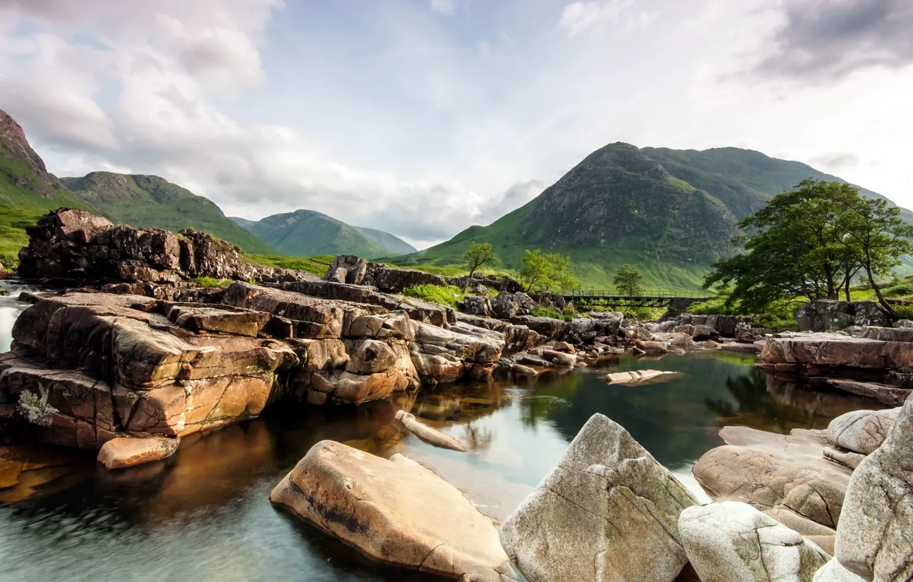 Photo wallpaper landscape, mountains, river, stones