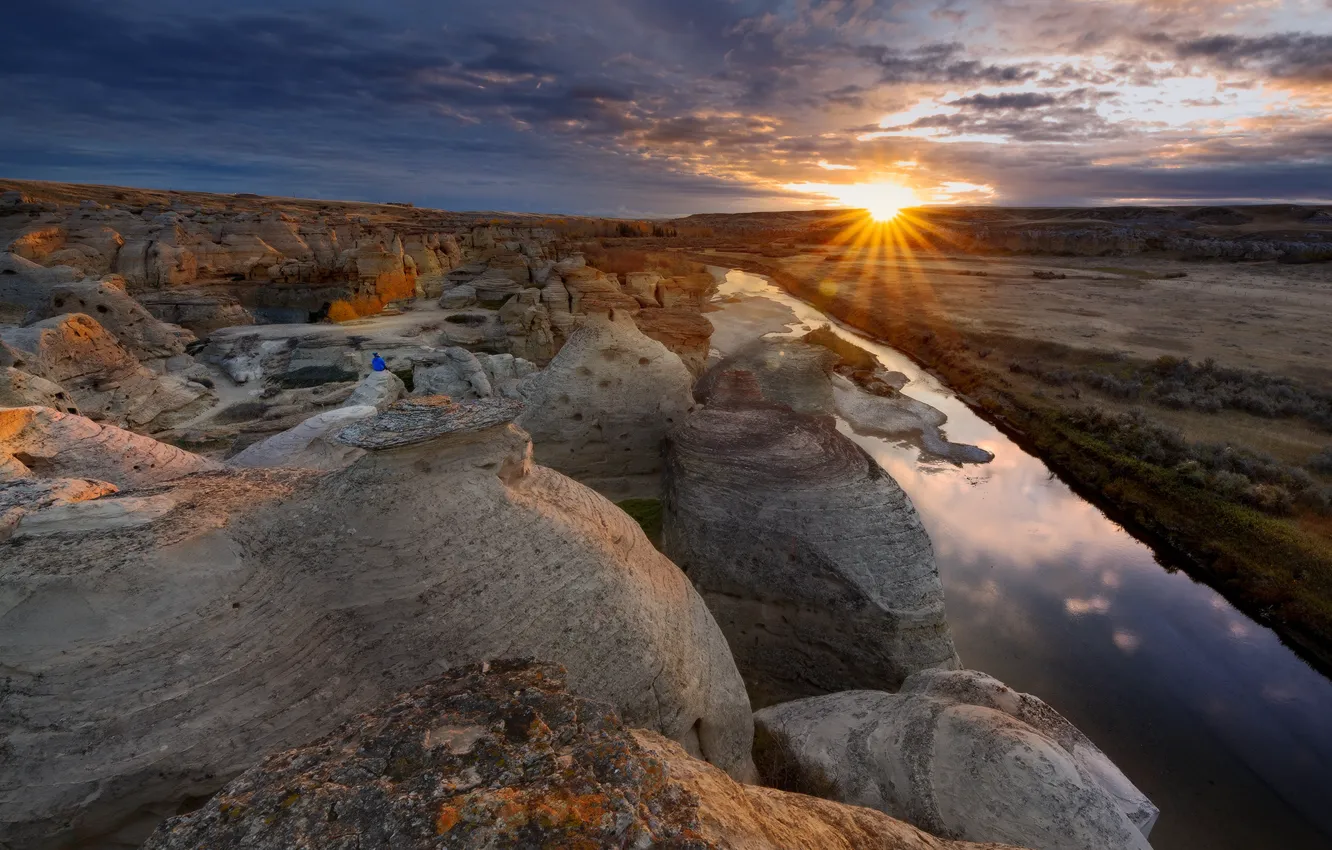 Photo wallpaper landscape, sunset, nature, river, rocks, Canada, Albert, reserve