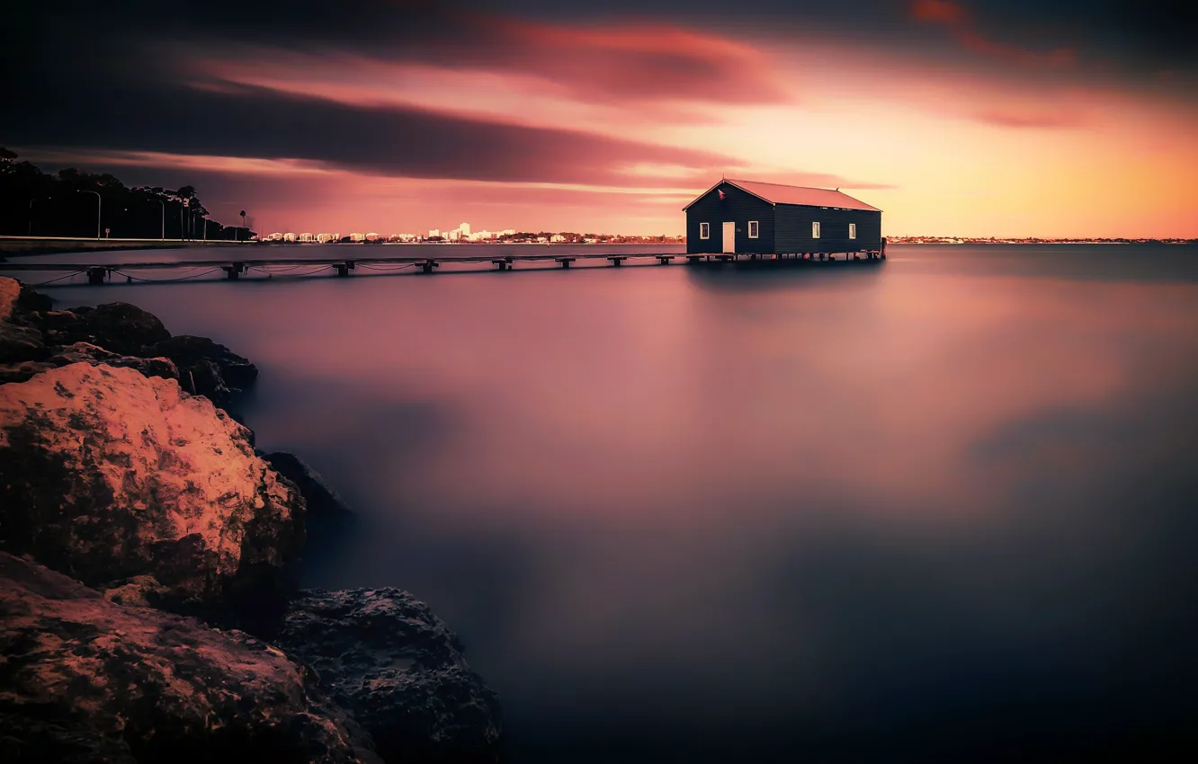 Photo wallpaper sea, sunset, bridge