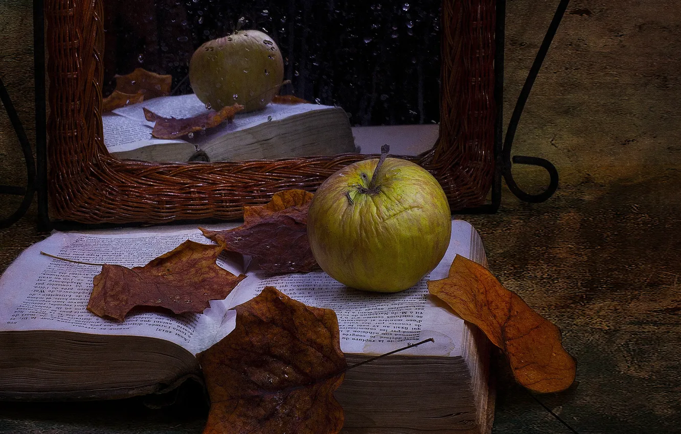 Photo wallpaper leaves, style, apples, mirror, book, vintage