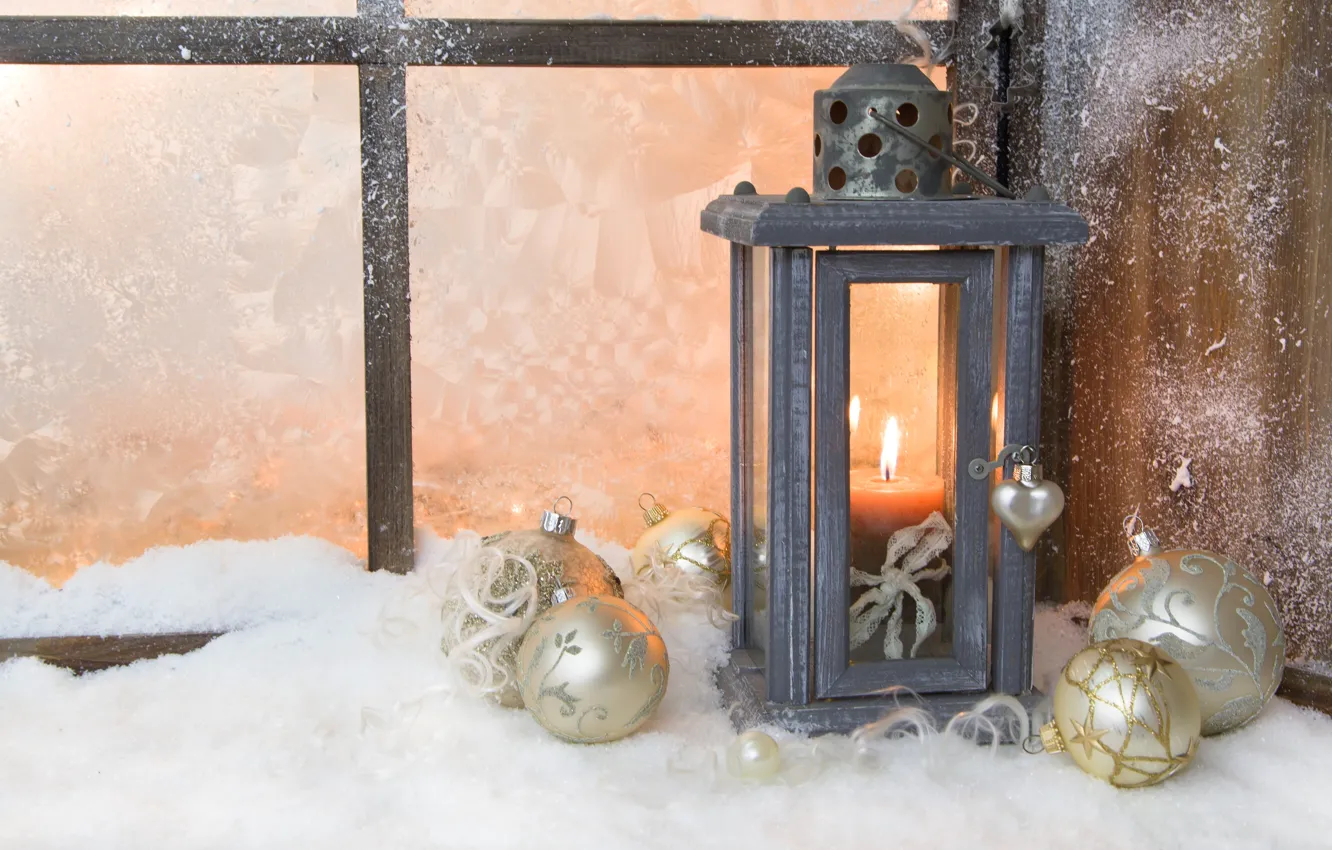 Photo wallpaper winter, balls, light, snow, toys, candle, New Year, window