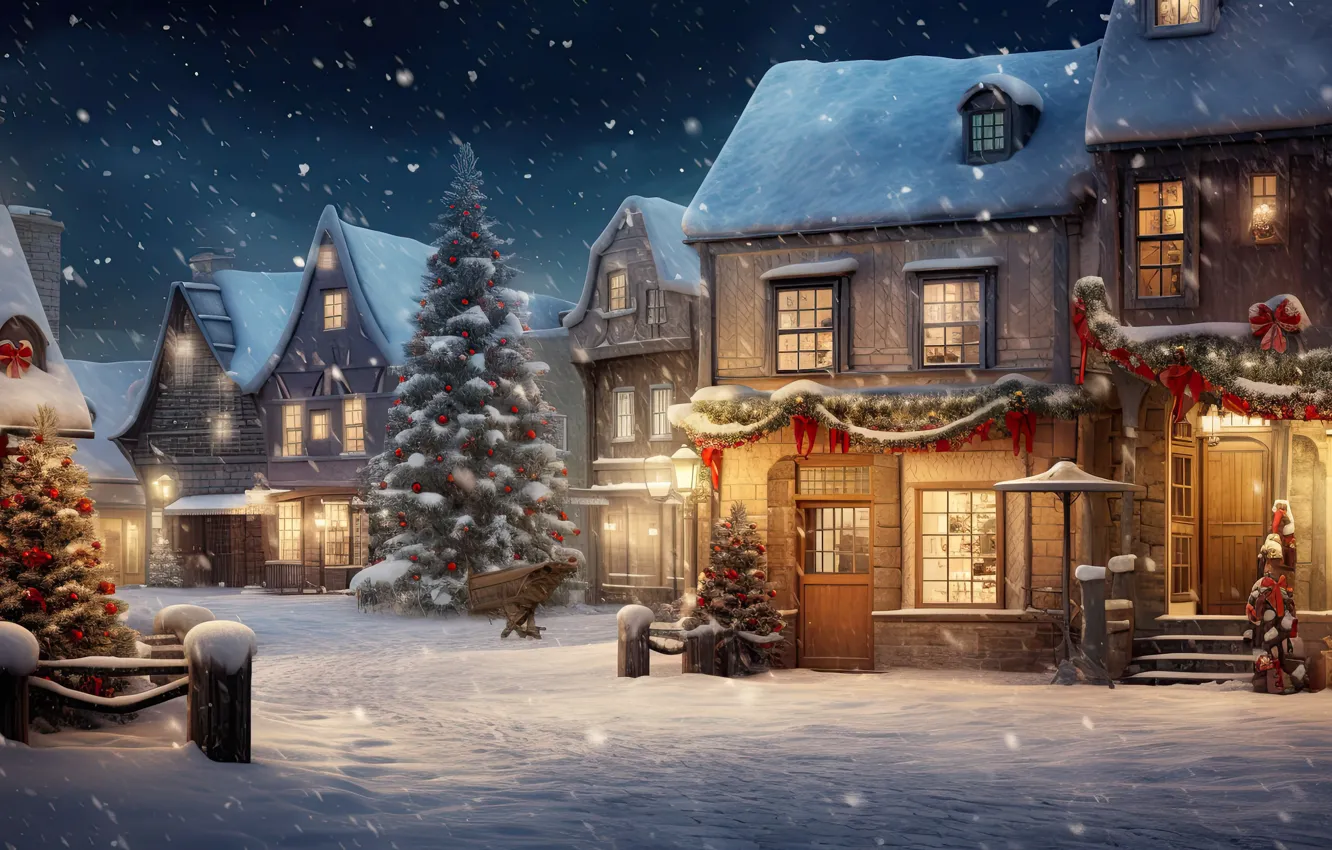 Photo wallpaper winter, snow, decoration, night, the city, lights, street, tree