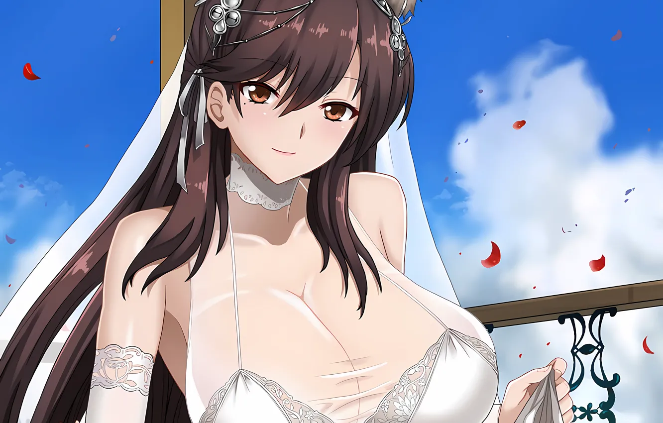 Photo wallpaper girl, sexy, cleavage, long hair, dress, brown eyes, boobs, animal ears