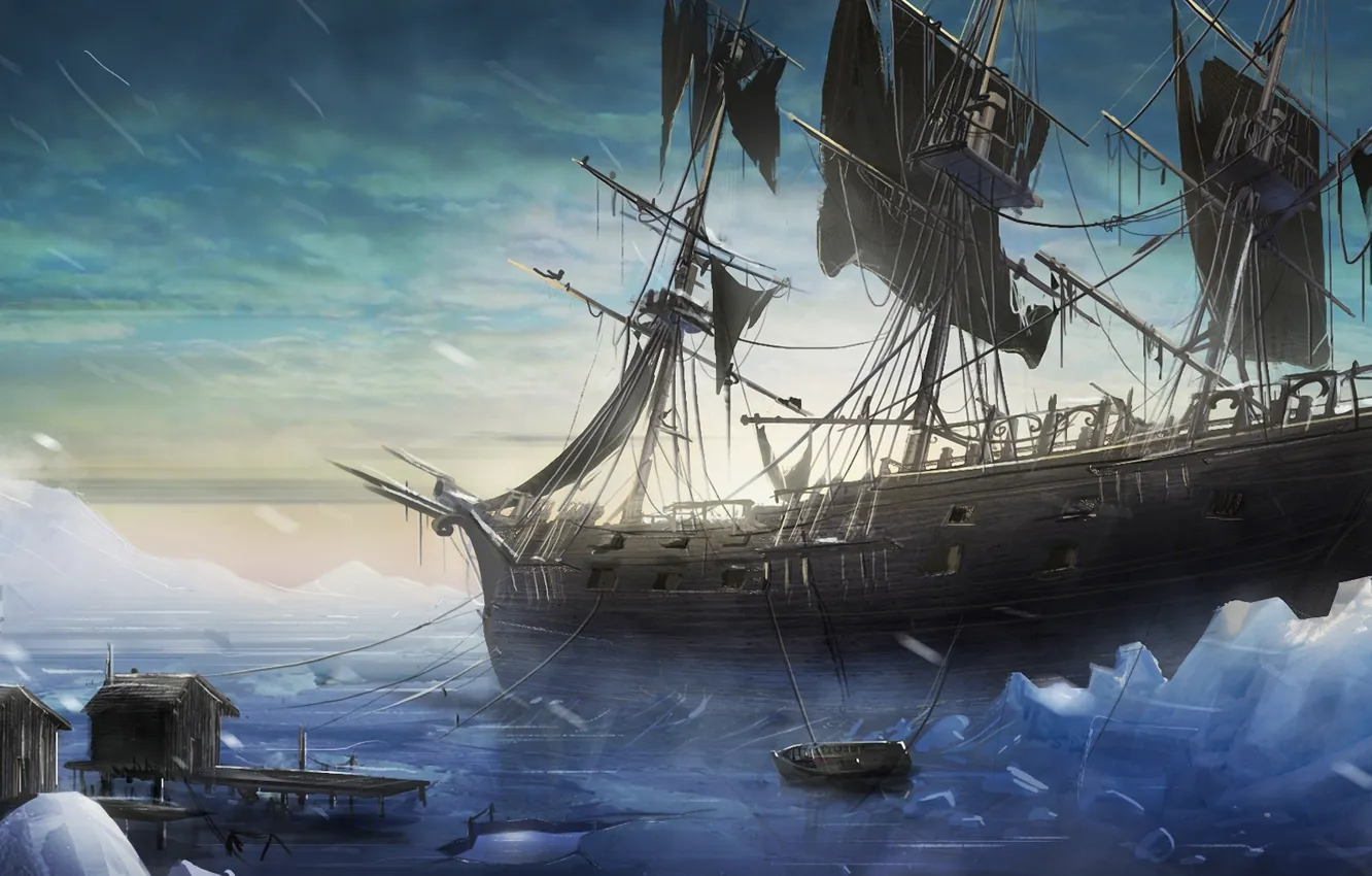 Photo wallpaper cold, ice, snow, boat, ship, sailboat, art, Blizzard