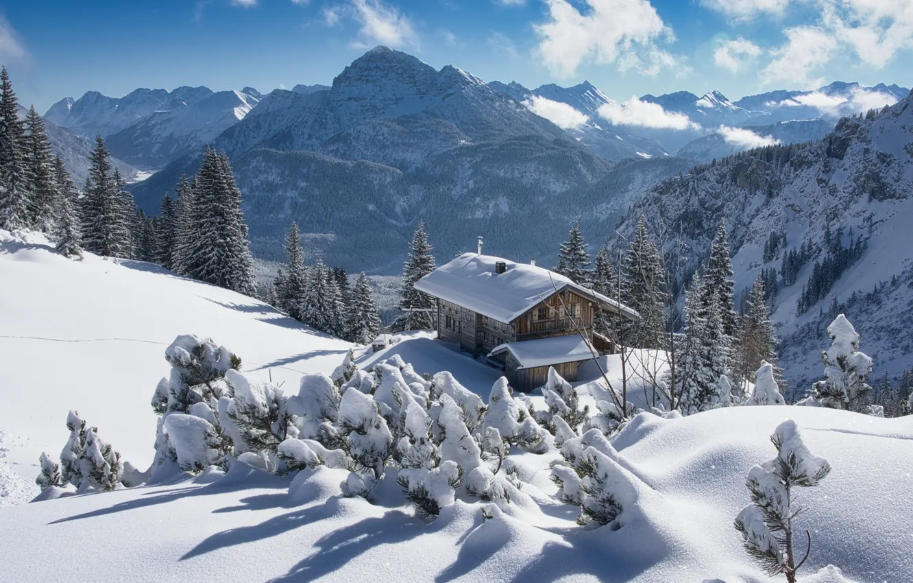 Photo wallpaper winter, snow, trees, landscape, mountains, nature, house, Austria