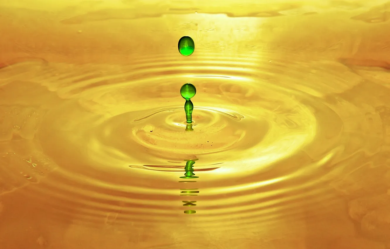 Photo wallpaper water, drops, circles, yellow, green