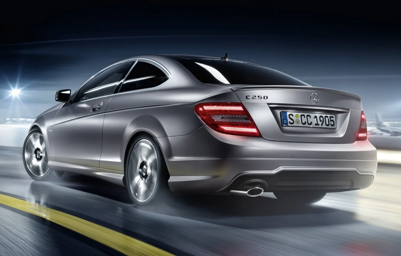 Photo wallpaper night, coupe, mercedes-benz, Mercedes, rear view, serebrisky, sport coupe, c250