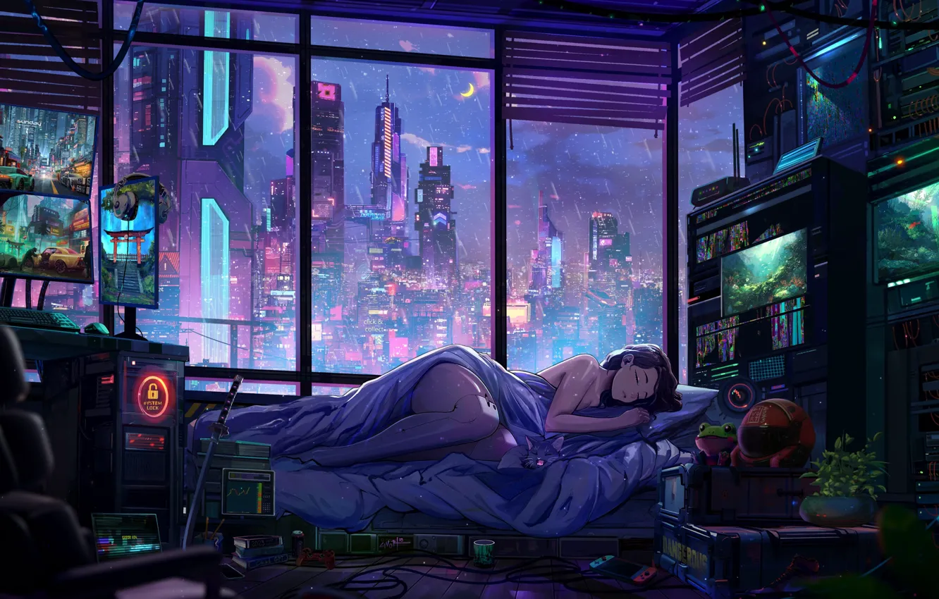 Photo wallpaper Civort, cat, cyberpunk, city, art, window, girl, katana