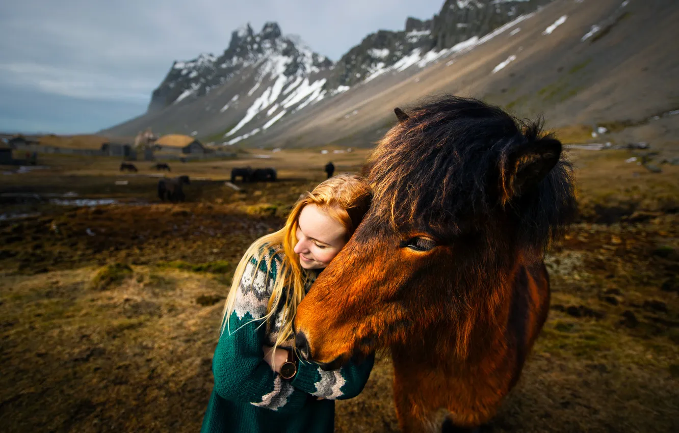 Photo wallpaper field, girl, mountains, nature, pose, smile, each, horse