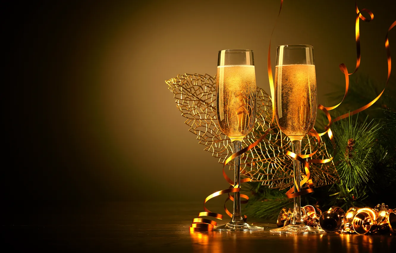 Photo wallpaper branches, glasses, tree, drink, twilight, tinsel, champagne, bells