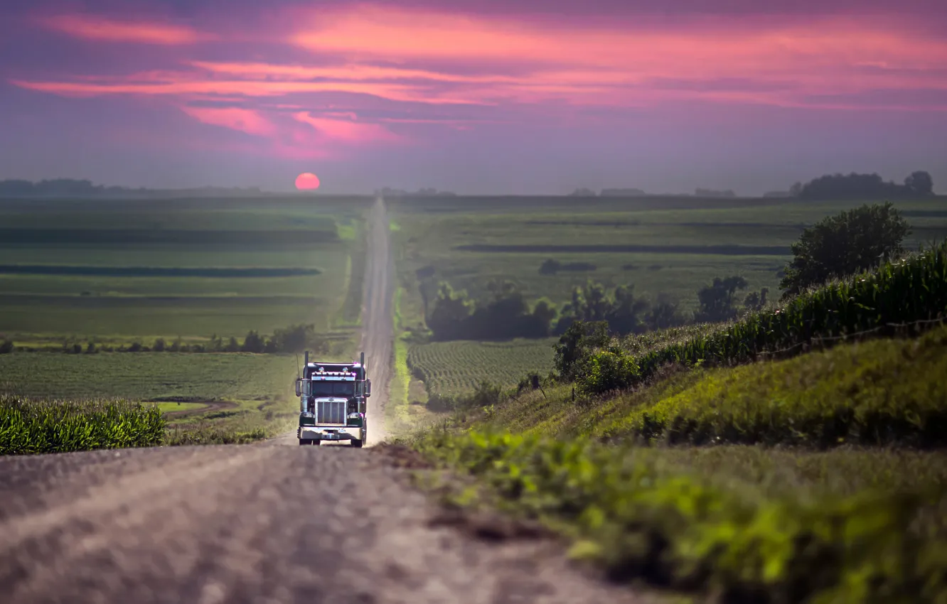 Photo wallpaper road, the sun, sunset, truck