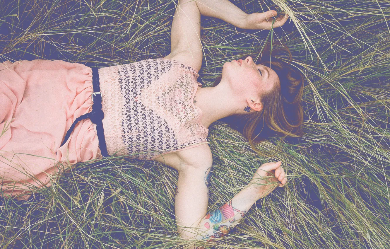 Photo wallpaper girl, grass, bra, blouse, field, woman, model, tattoo