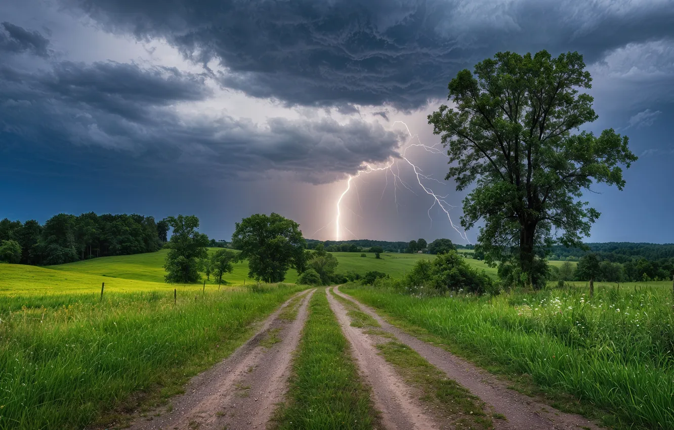 Photo wallpaper road, the storm, field, lightning, AI art, neural network