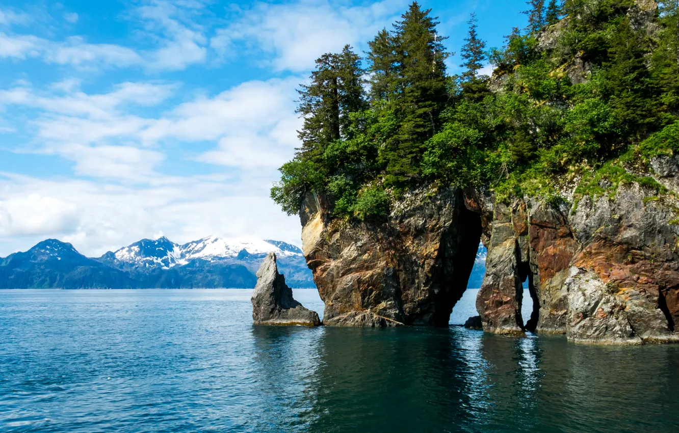 Photo wallpaper trees, mountains, stones, rocks, shore, Alaska, USA, fjords