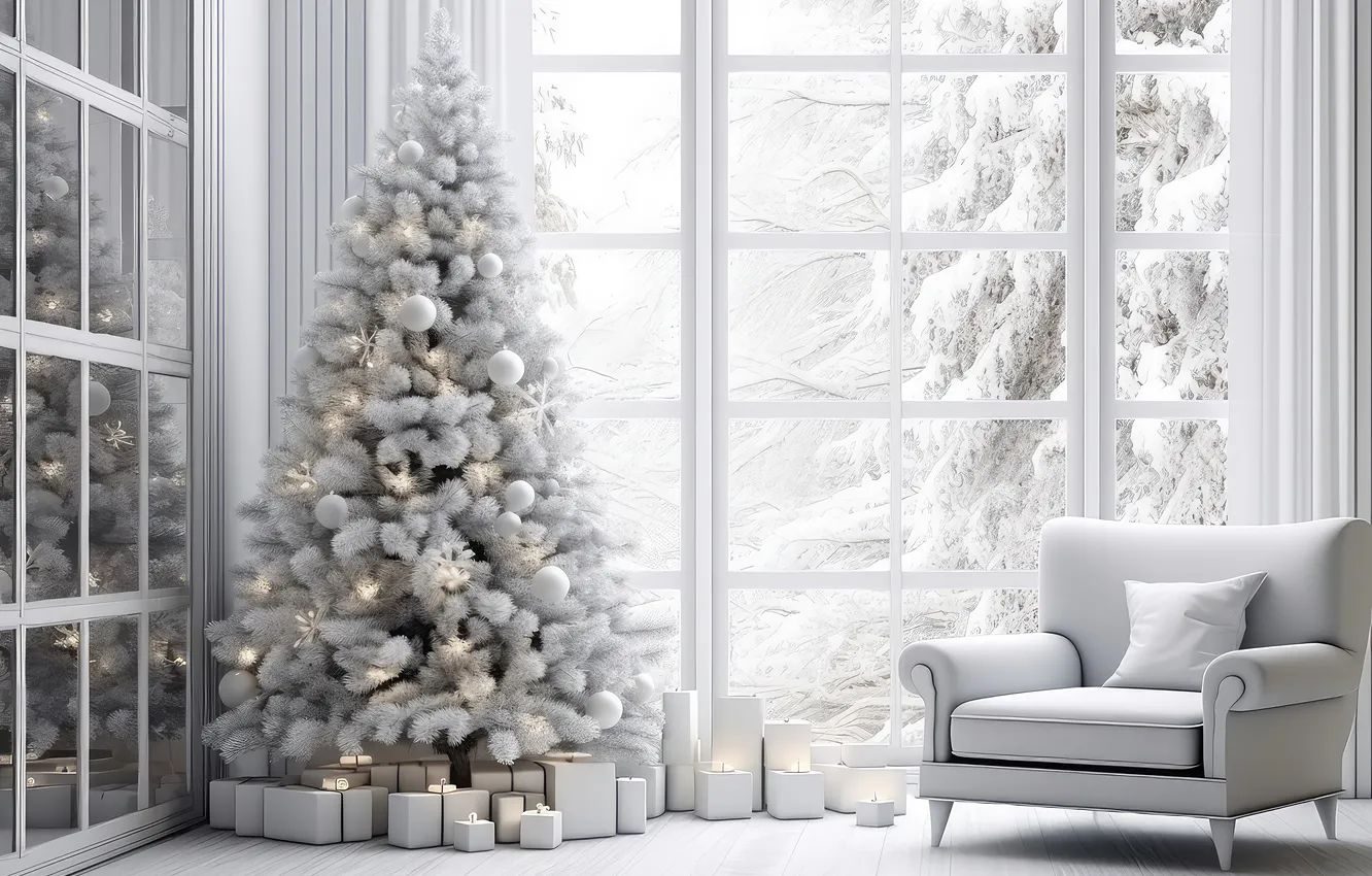 Photo wallpaper winter, frost, snow, decoration, room, tree, new year, interior