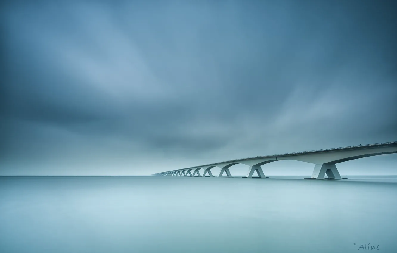 Photo wallpaper sea, the sky, water, clouds, clouds, bridge, Netherlands, Netherlands