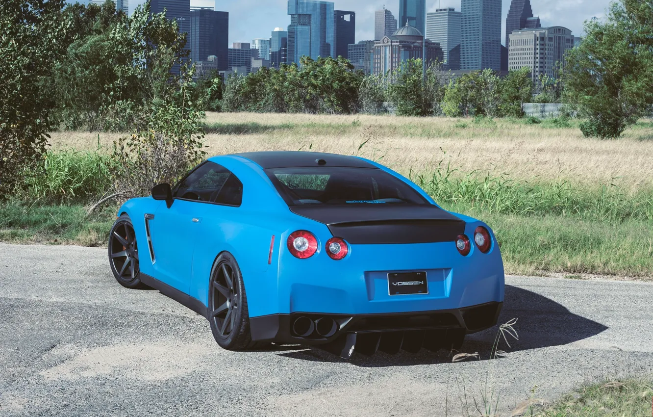 Photo wallpaper road, asphalt, blue, nissan, rear view, trees, Nissan, blue