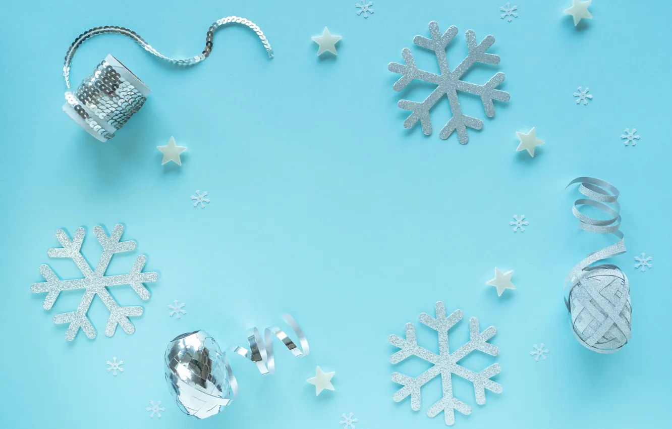 Photo wallpaper winter, snowflakes, holiday, Christmas, New year, serpentine, stars, blue background