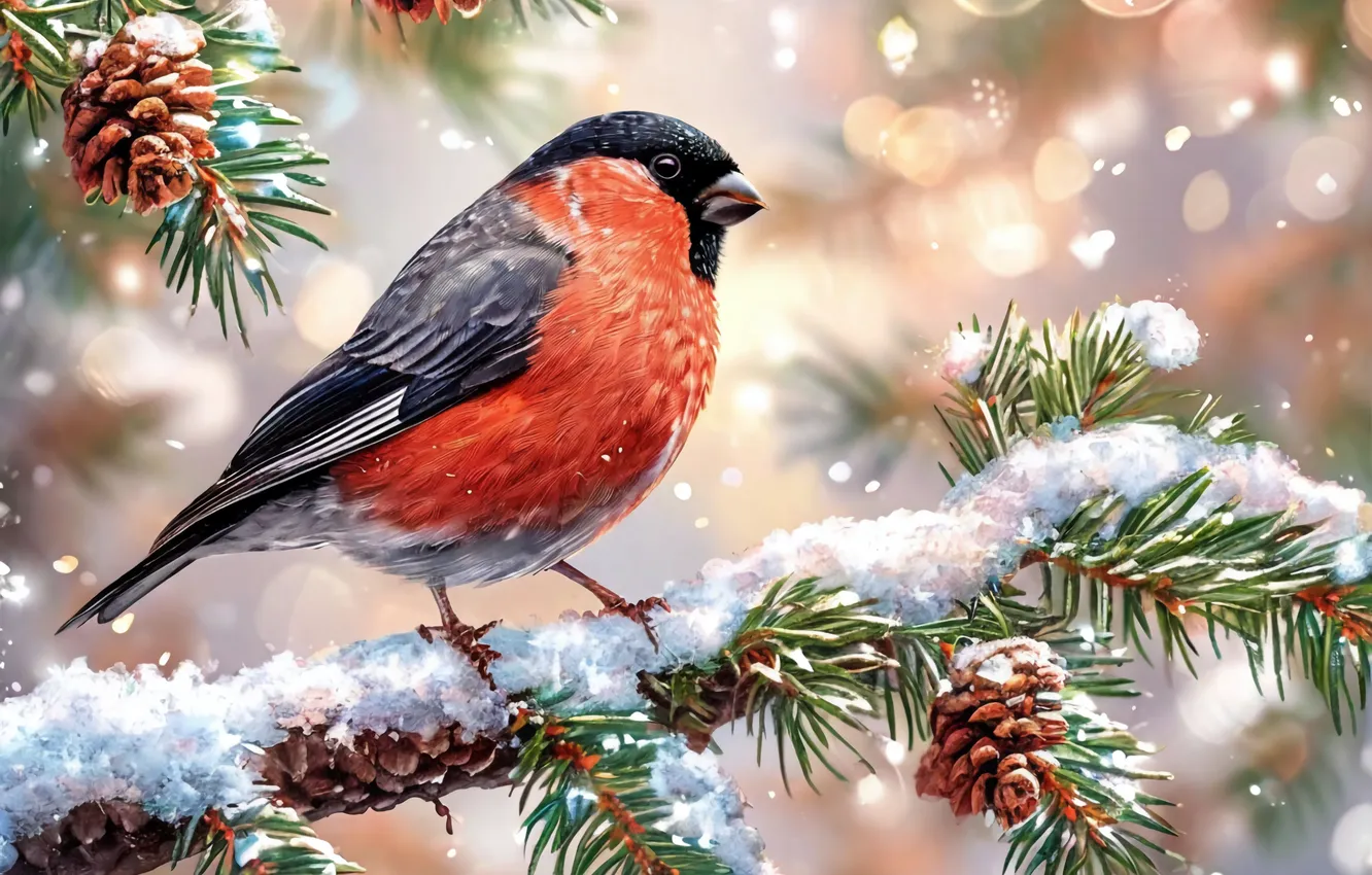 Photo wallpaper snow, bird, new year, picture, bullfinch