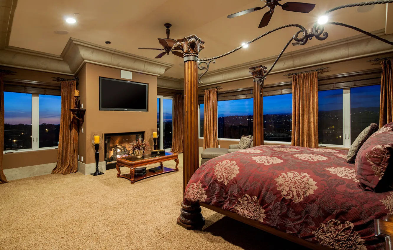 Photo wallpaper Windows, bed, fireplace, bedroom