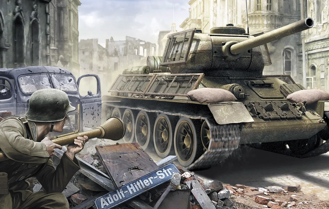 Photo wallpaper war, figure, art, ambush, soldiers, The red army, T-34-85, Soviet medium tank during world war …